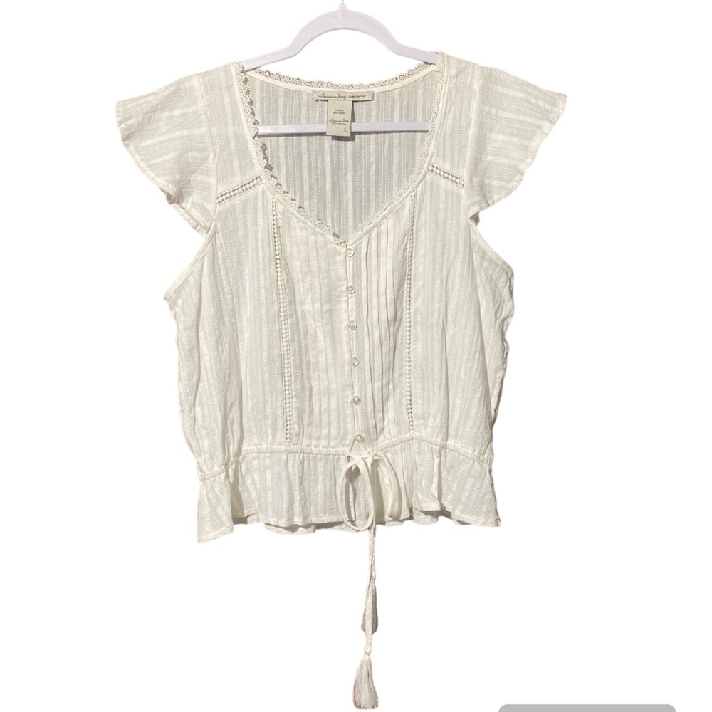 American Rag Cropped Lace Boho Peasant Style Semi Sheer Blouse Juniors Size L